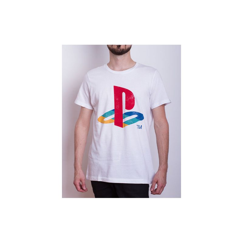 Remera Playstation Retro Colors Hombre Blanca XXS